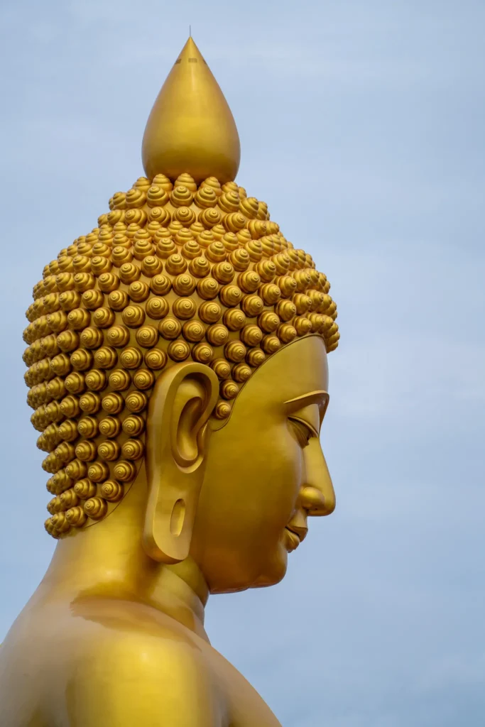 Detailed side-profile macro view highlighting the serene facial features, elongated ears, and spiral curls of the colossal bronze-gilt Buddha head at Wat Paknam Phasi Charoen.
